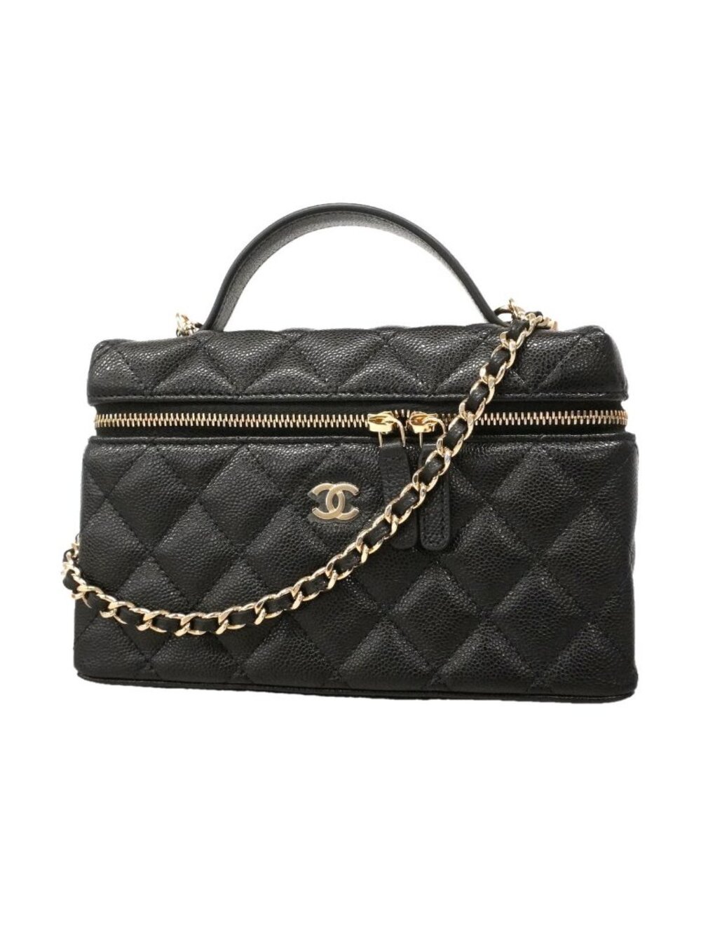Chanel Handbag Quilted Caviar Leather Black Gold 2-Way Bag